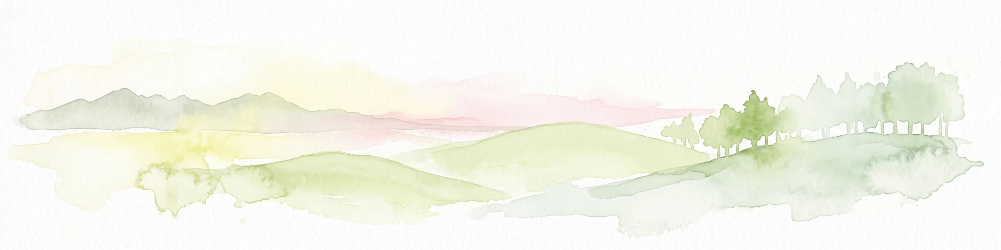 A pale, minimalist watercolor painting of a rolling green landscape with distant hills and a small group of trees on the right.